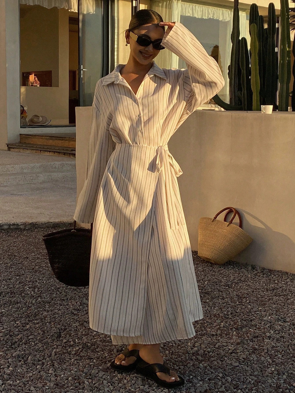 ZARA French Stripe Shirtdress Slim Fit High Slit Waist Tie Resort Faux Two Piece